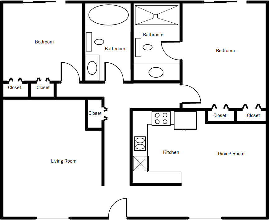 Floor plan for 2 beds, 2 baths, 1002 sqft